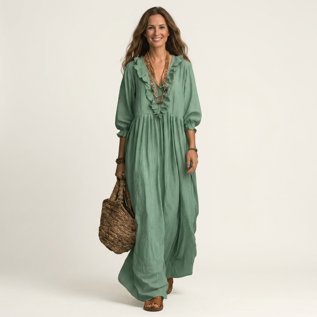 Ruffle V-Neck Long Sleeve Gathered Maxi Dress 9