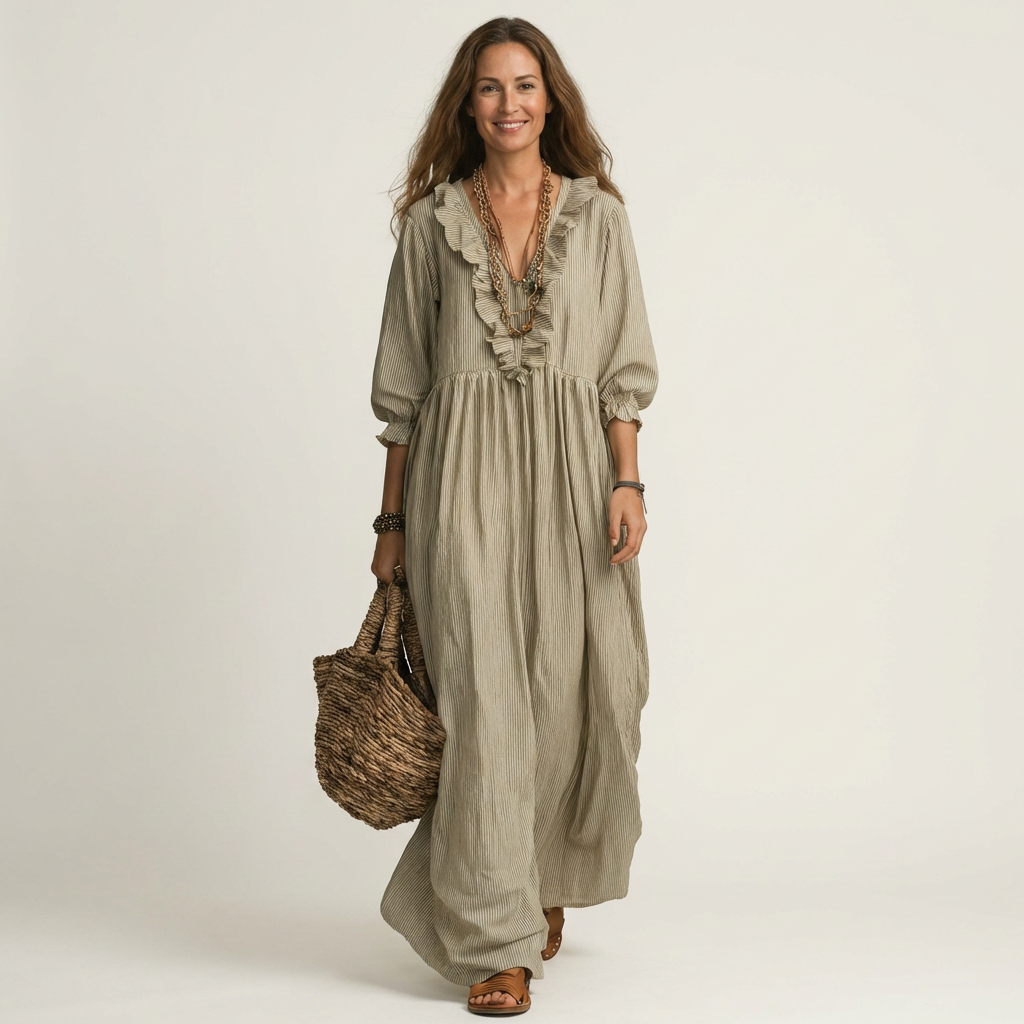 Ruffle V-Neck Long Sleeve Gathered Maxi Dress 5