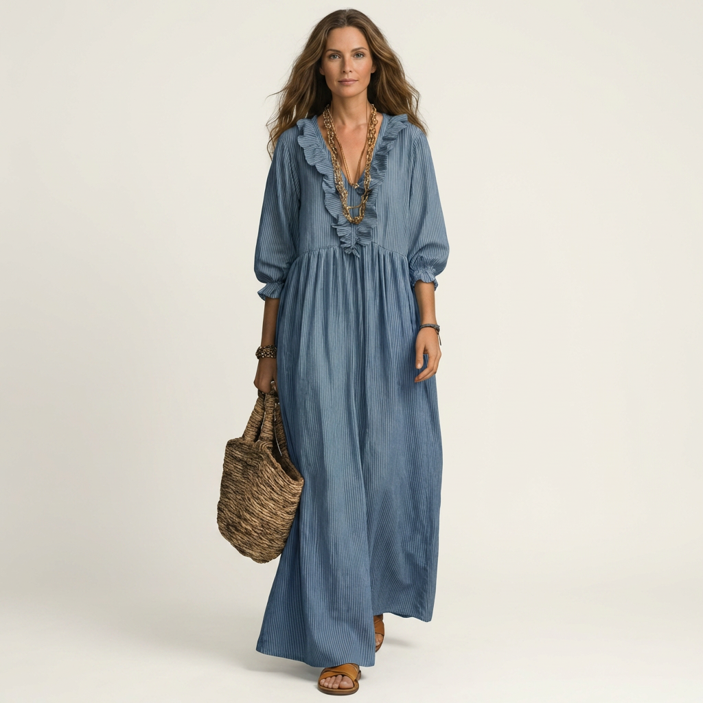 Ruffle V-Neck Long Sleeve Gathered Maxi Dress 3