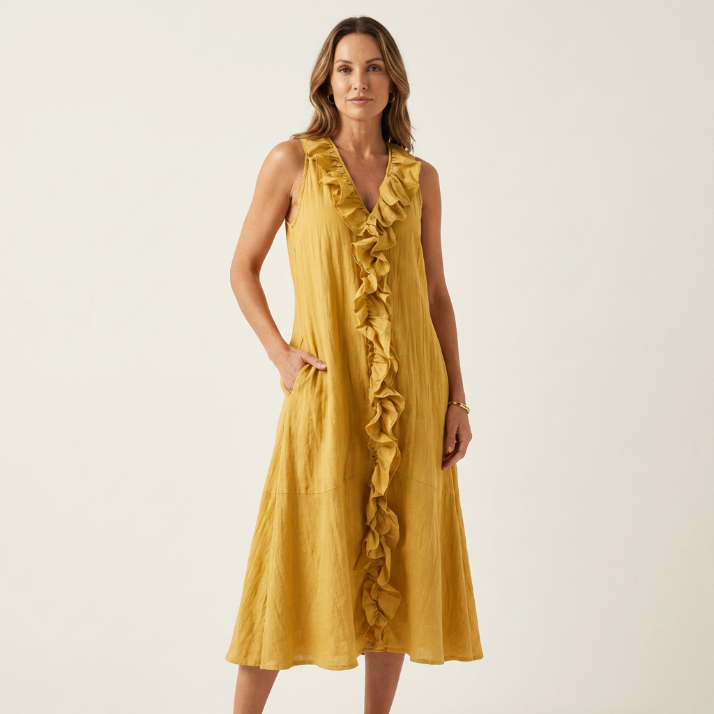V-Neck Ruffle Front Sleeveless Tiered Midi Dress 12