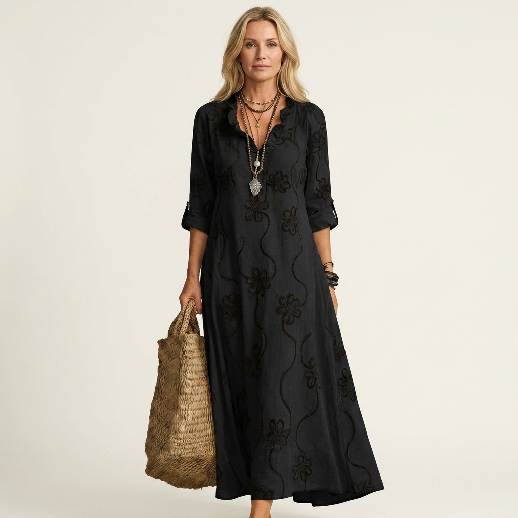Ruffle Neck Floral Embroidered Long Sleeve Maxi Dress 3