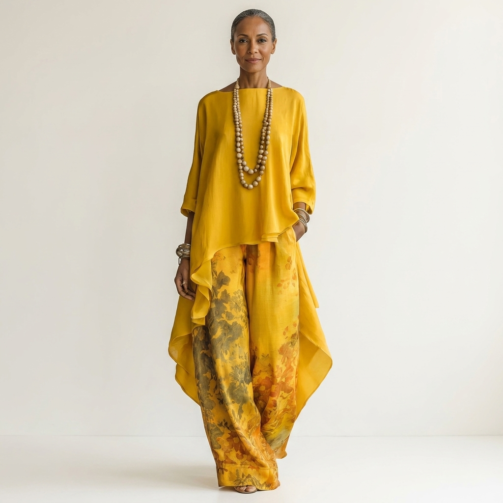 Asymmetric Hem Tunic and Printed Wide Leg Pants Two Piece Set 5