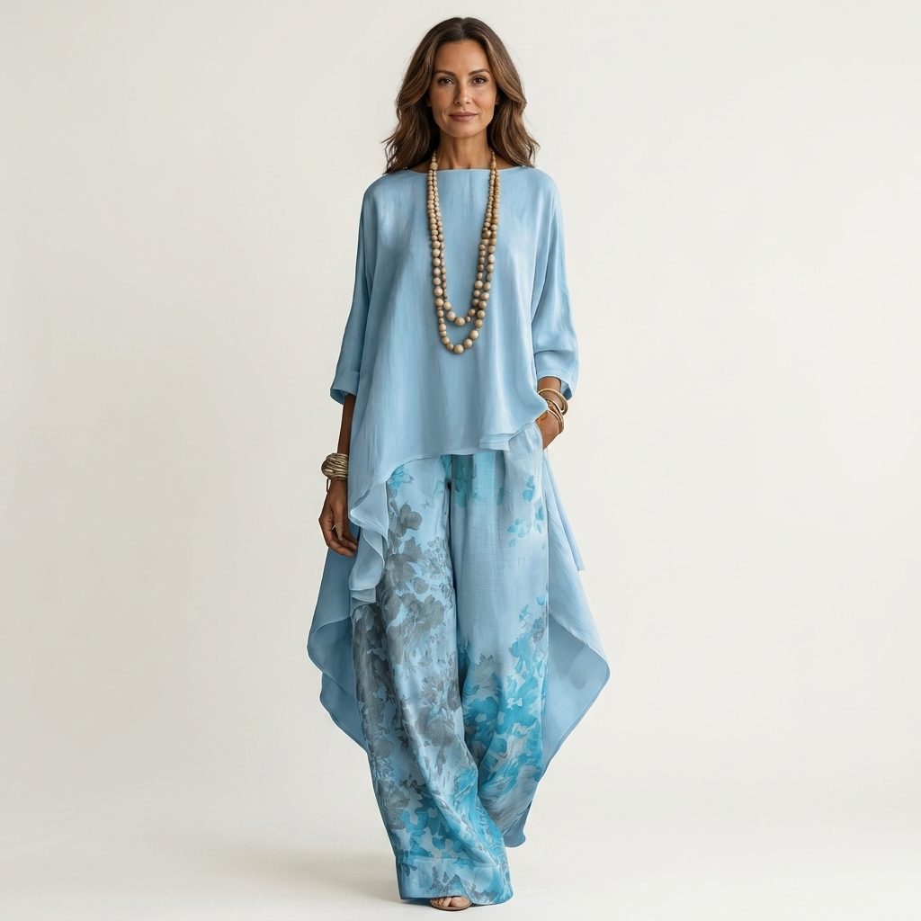 Asymmetric Hem Tunic and Printed Wide Leg Pants Two Piece Set 3