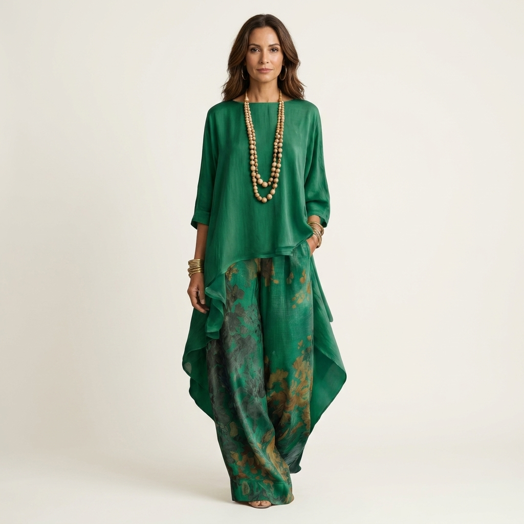 Boat Neck High Low Tunic Top and Print Wide Leg Pants Two Piece Set