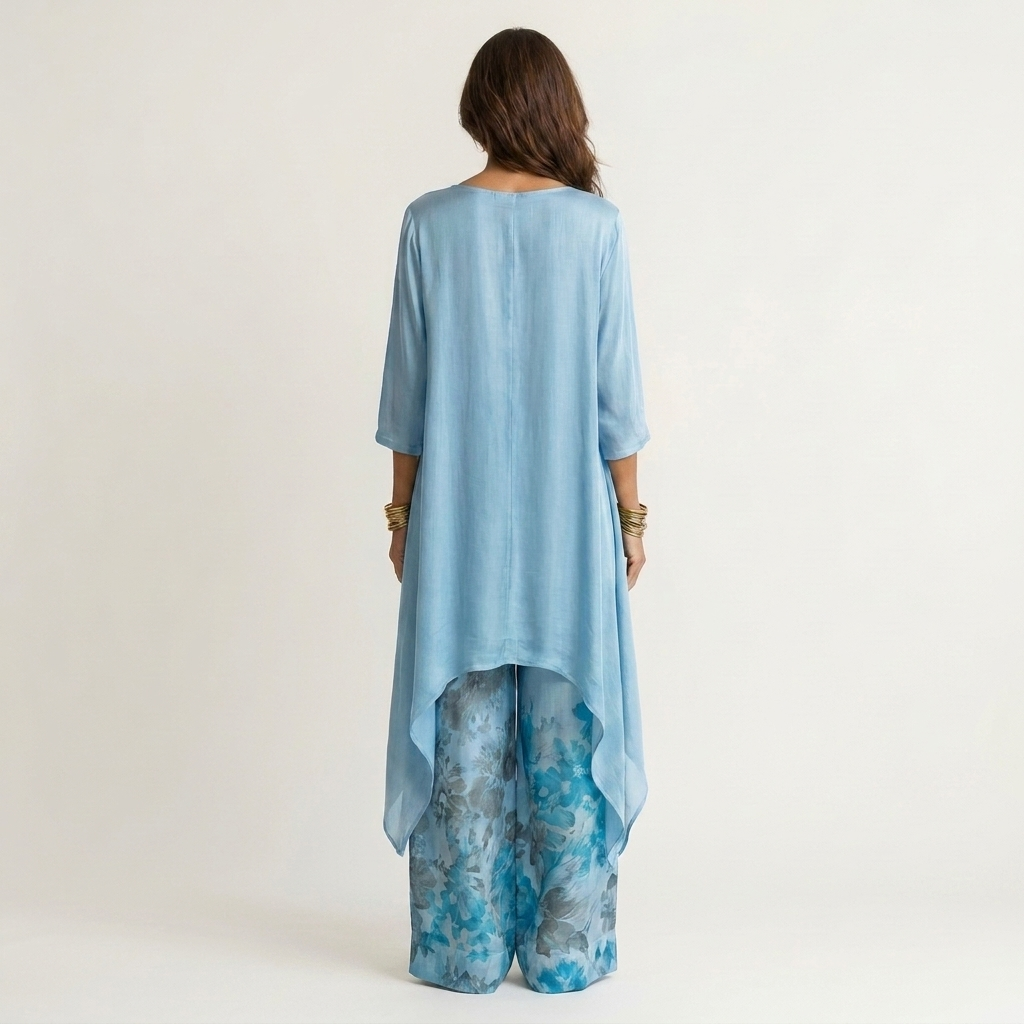 Asymmetric Hem Tunic and Printed Wide Leg Pants Two Piece Set 4