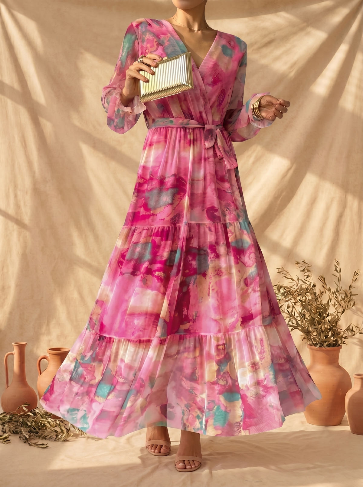 Floral Chiffon V-Neck Long Sleeve Tiered Belted Maxi Dress 2