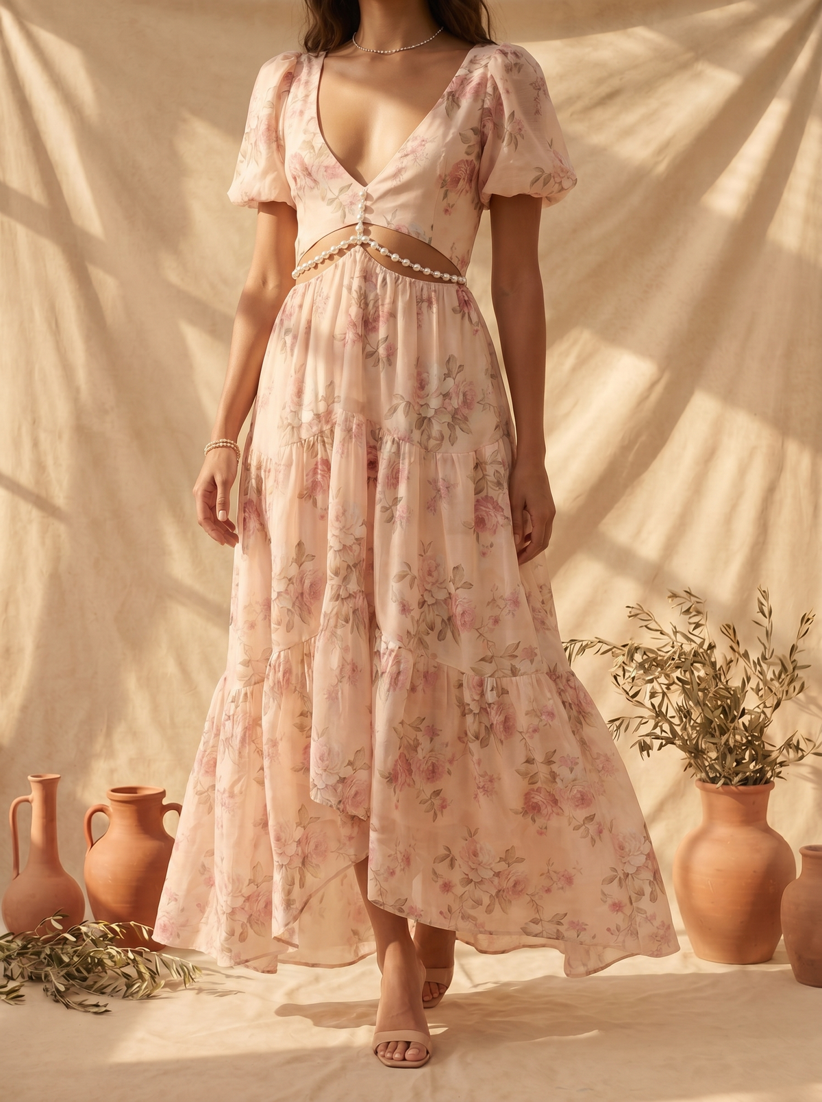 Floral Print V-Neck Puff Sleeve Cut Out Waist Tiered Maxi Dress 2