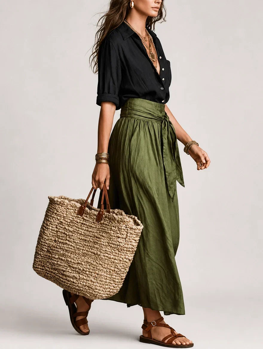 Button Front Shirt and Tie Waist Maxi Skirt Two Piece Set 2