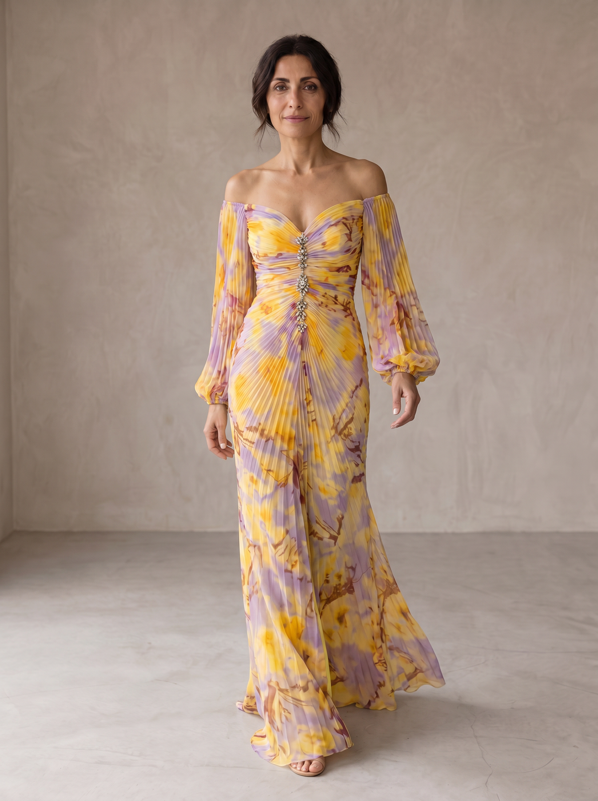 Floral Chiffon Off Shoulder Bishop Sleeve Pleated Maxi Gown