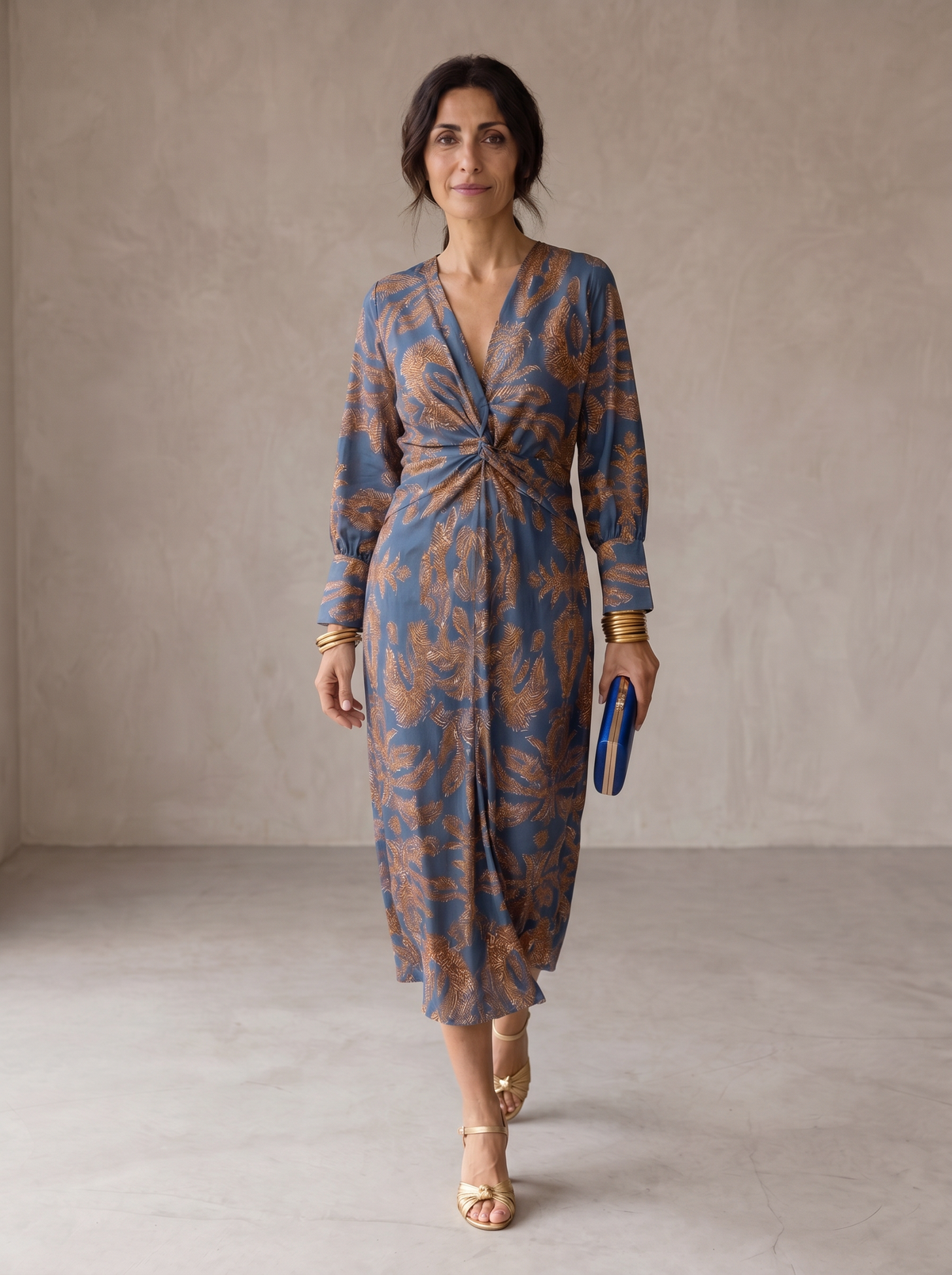 Floral Print V-Neck Long Sleeve Twist Front Midi Dress