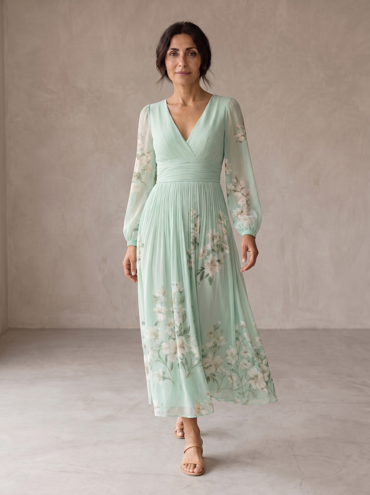 Floral Print V-Neck Long Sleeve Pleated Chiffon Maxi Dress