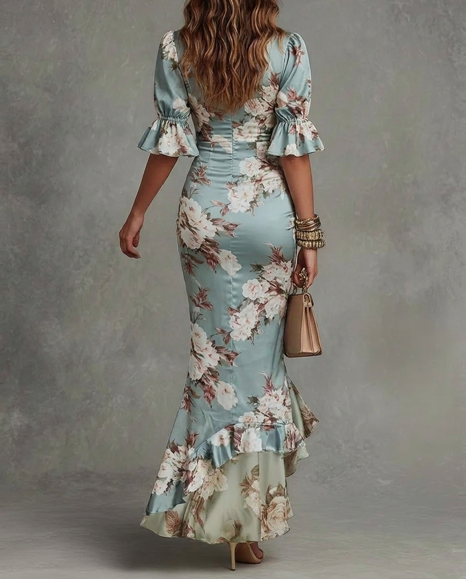 Floral Satin V-Neck Ruffle Sleeve Ruched High Low Midi Dress 2
