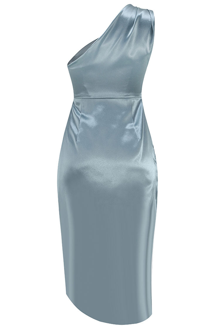 Satin One Shoulder Ruched Wrap High Split Midi Dress - View 4