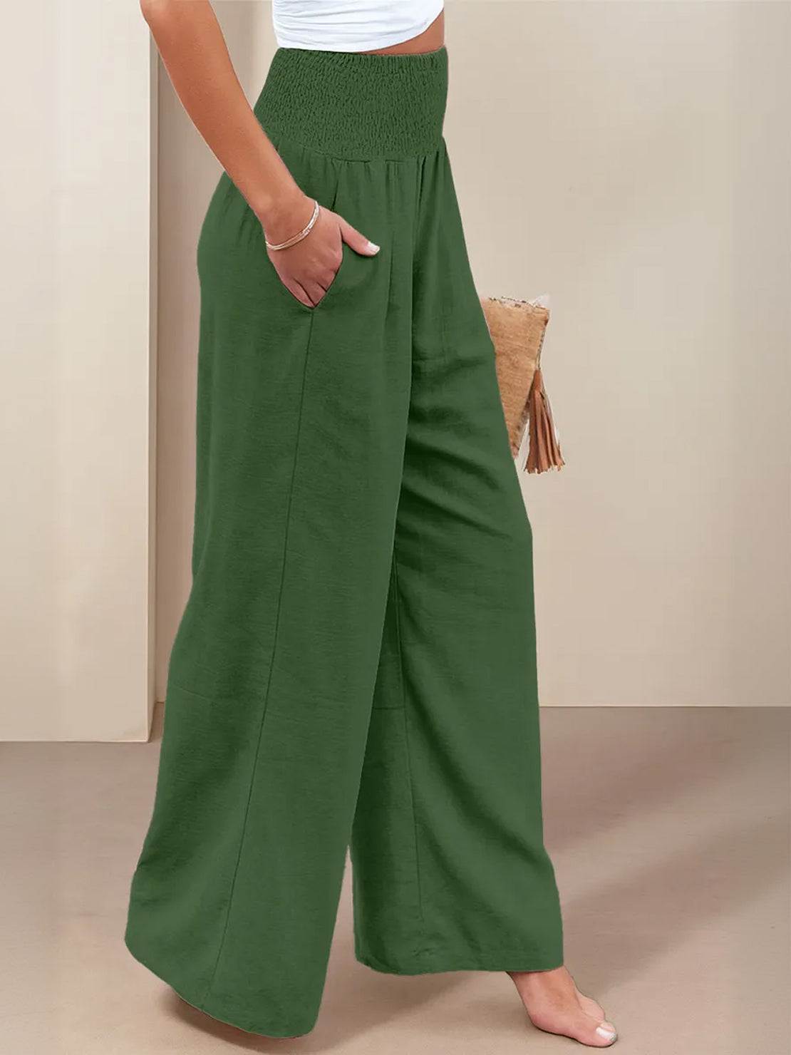 Smocked High Waist Pleated Wide Leg Palazzo Pants 17