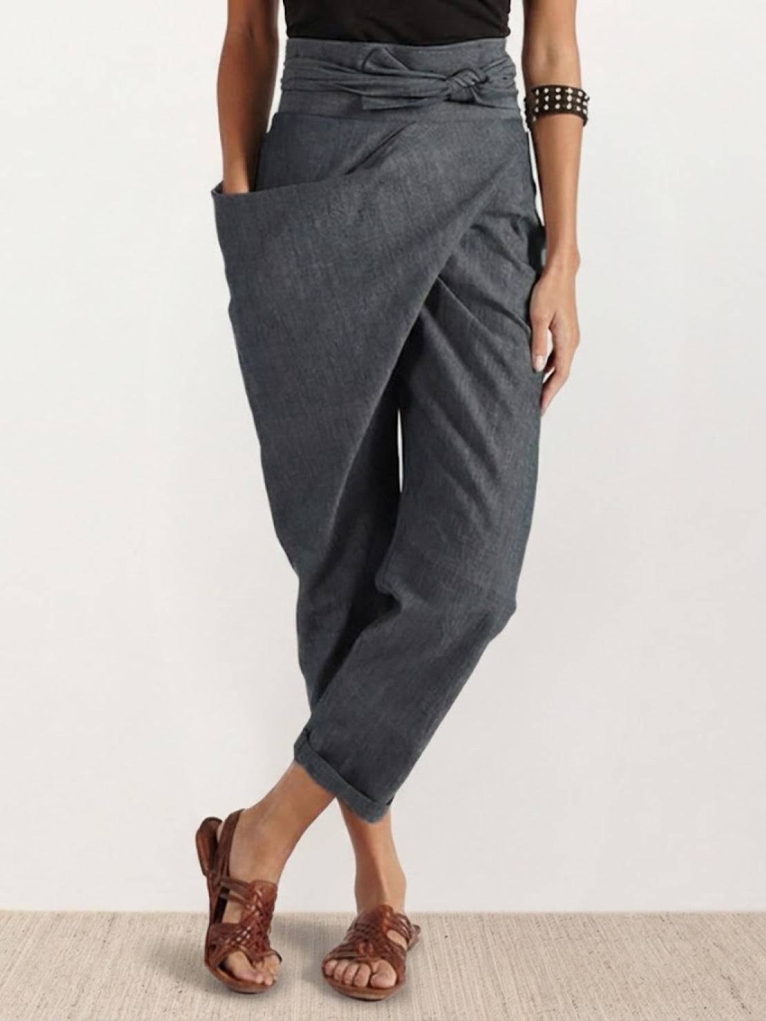High Waist Wrap Front Tie Tapered Denim Look Pants 2