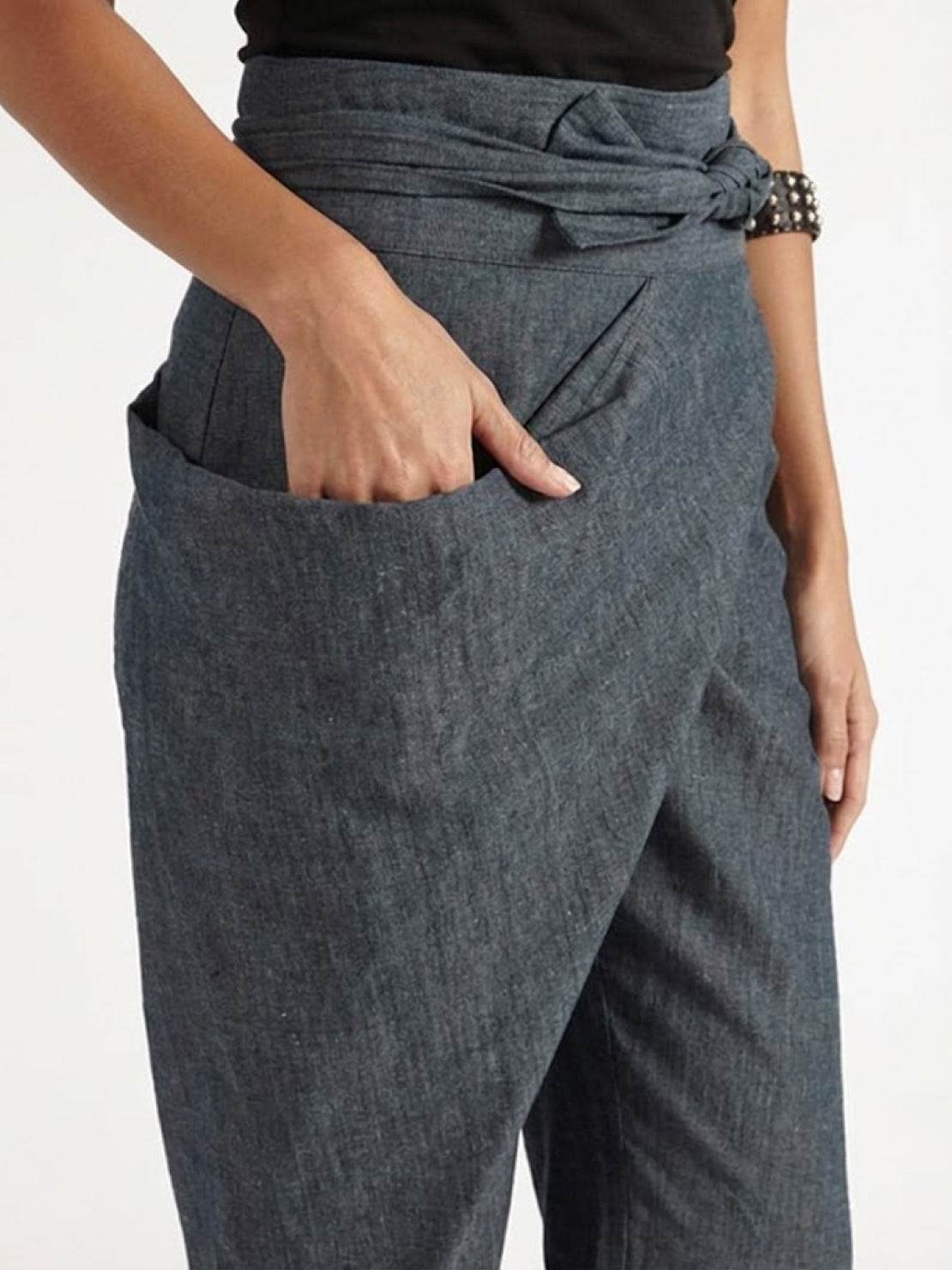 High Waist Wrap Front Tie Tapered Denim Look Pants 5