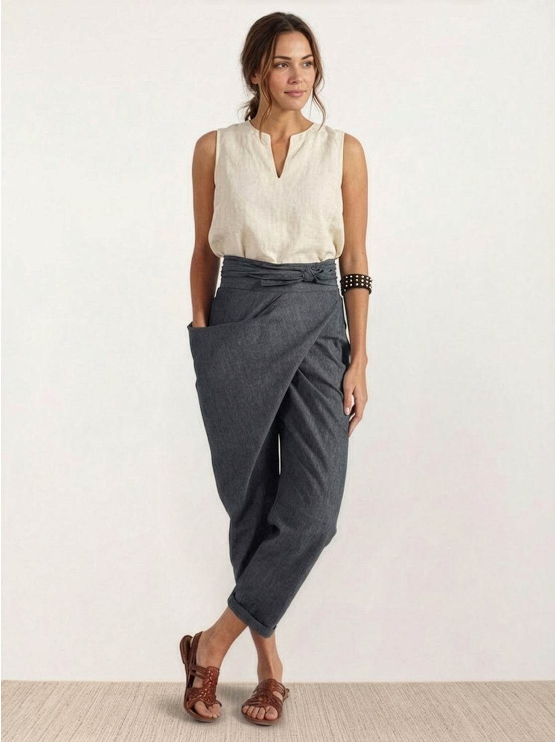 High Waist Wrap Front Tie Tapered Denim Look Pants 6