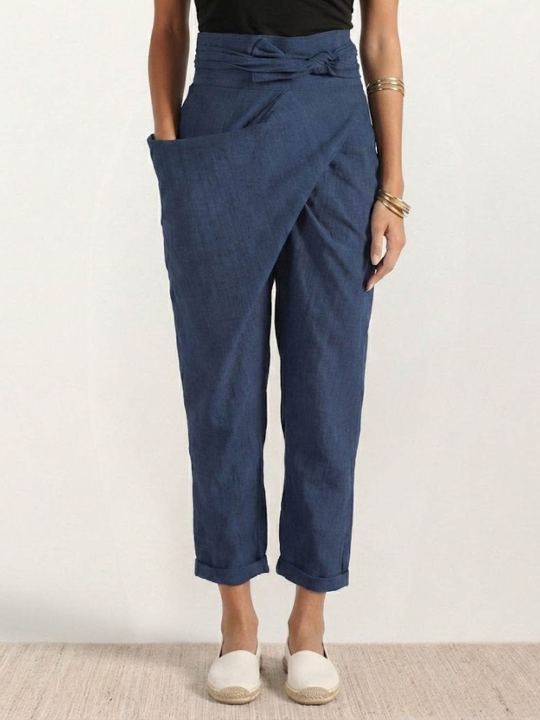 High Waist Wrap Front Tie Tapered Denim Look Pants 12