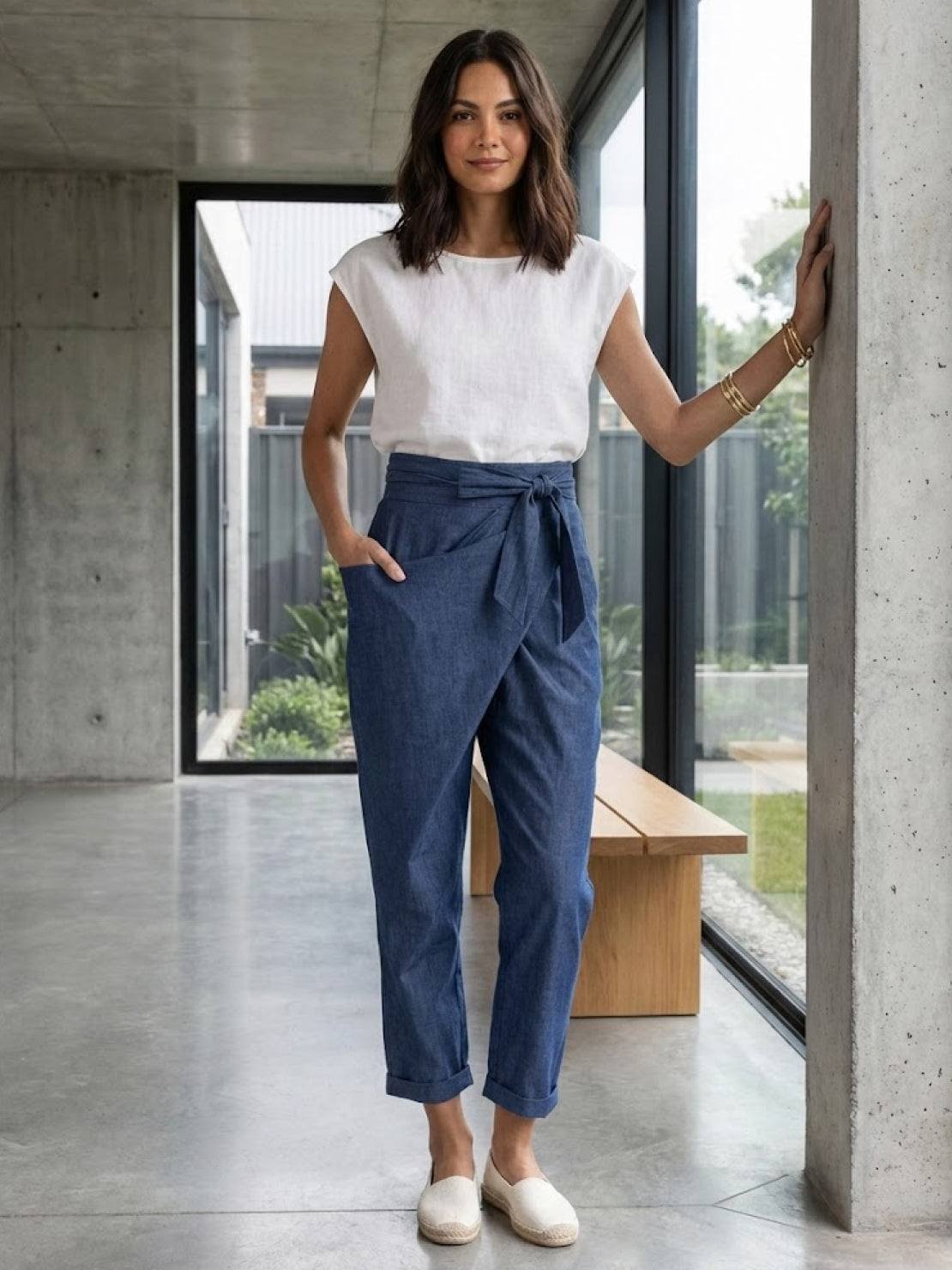 High Waist Wrap Front Tie Tapered Denim Look Pants 13