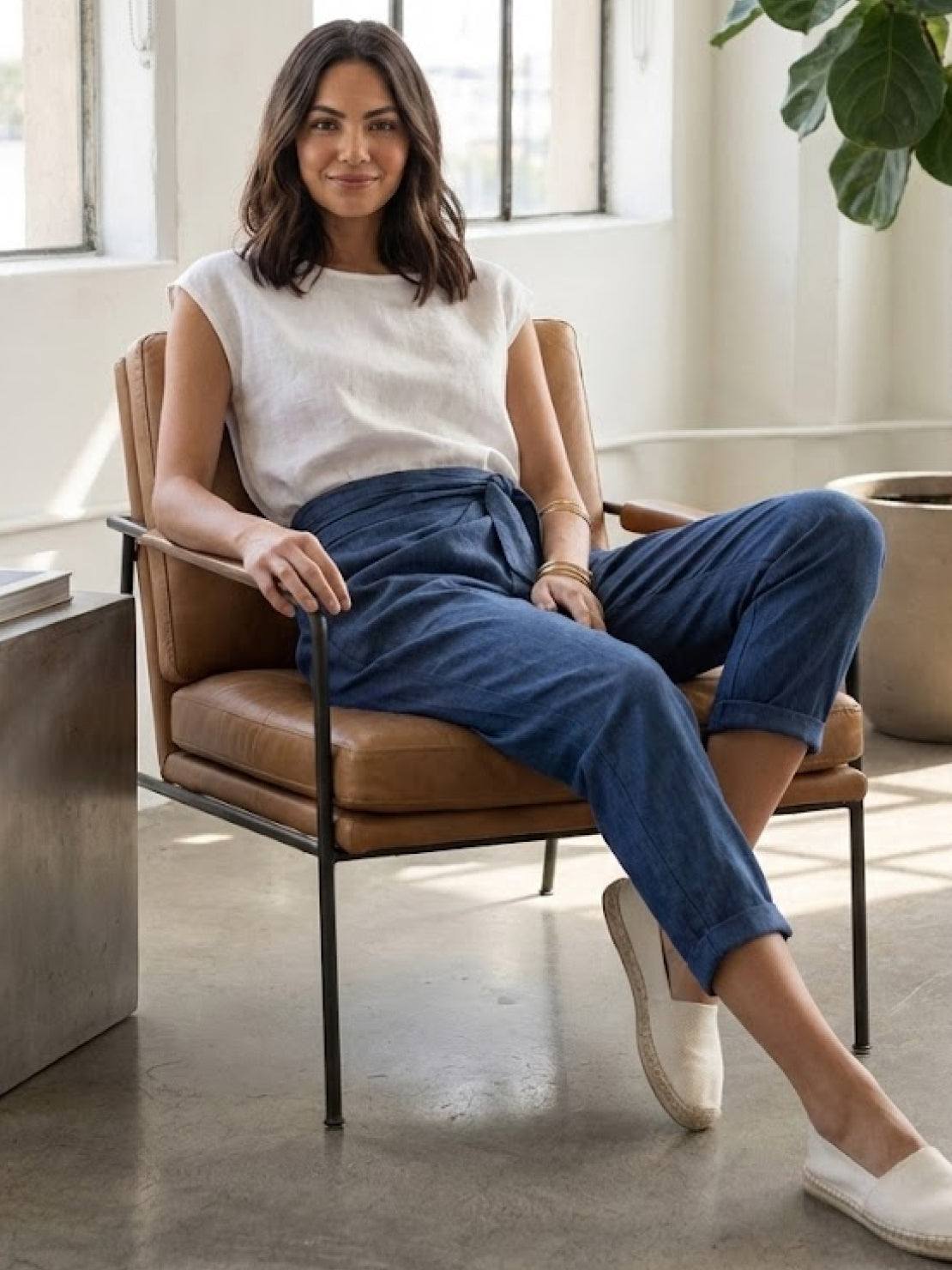 High Waist Wrap Front Tie Tapered Denim Look Pants 14