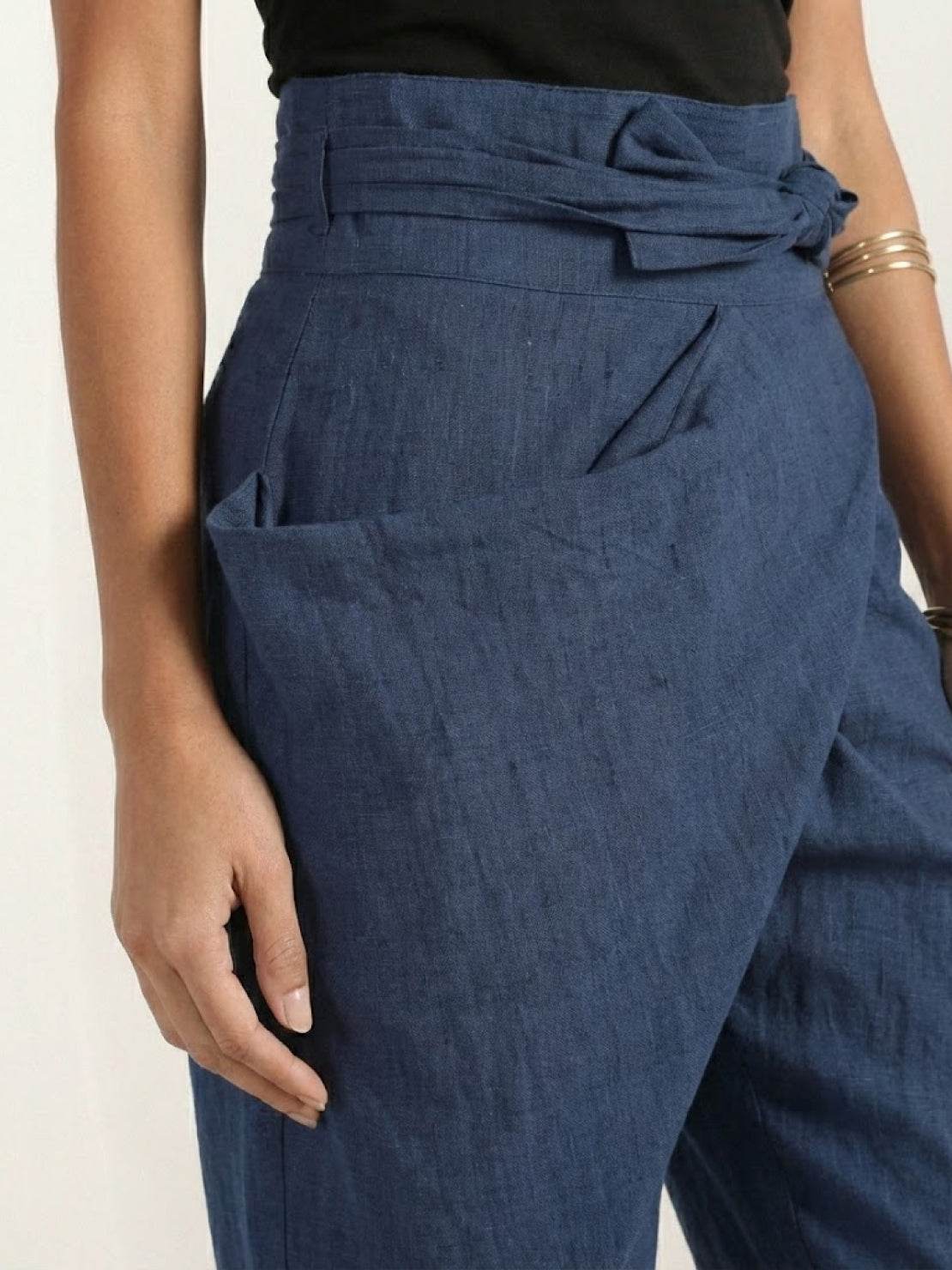 High Waist Wrap Front Tie Tapered Denim Look Pants 15
