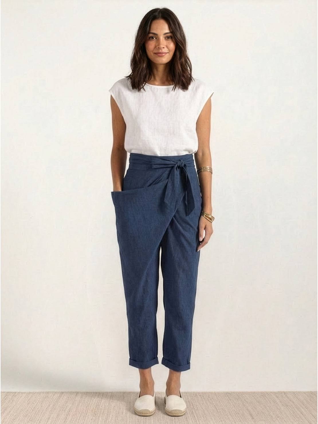 High Waist Wrap Front Tie Tapered Denim Look Pants 16