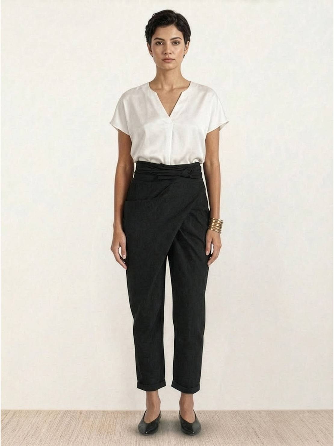 High Waist Wrap Front Tie Tapered Denim Look Pants 26