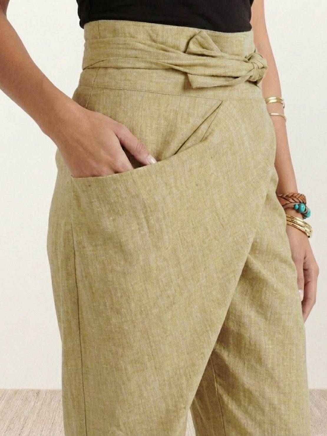 High Waist Wrap Front Tie Tapered Denim Look Pants 20