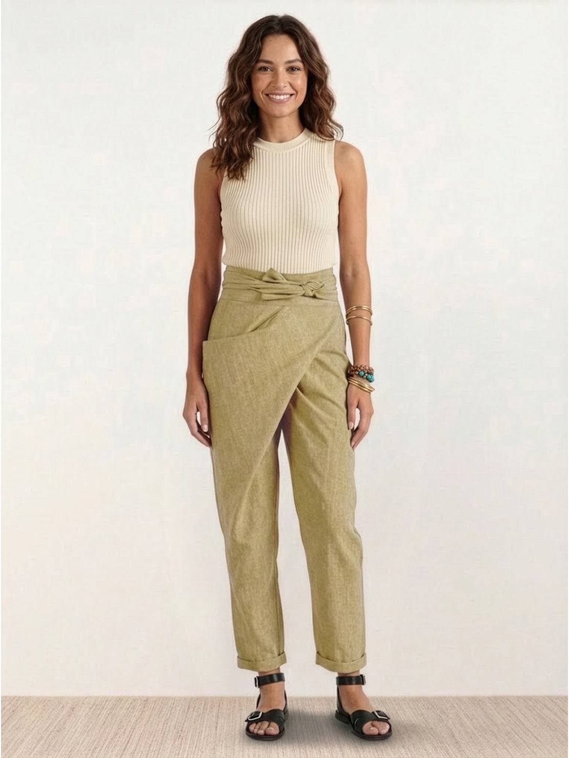 High Waist Wrap Front Tie Tapered Denim Look Pants 21
