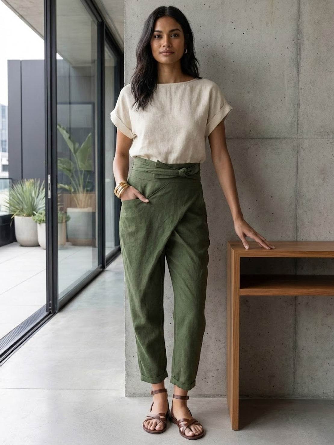 High Waist Wrap Front Tie Tapered Denim Look Pants 8
