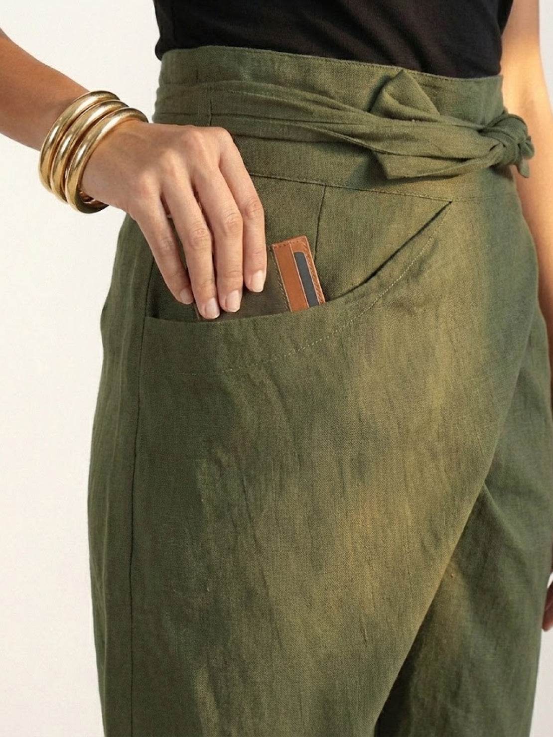 High Waist Wrap Front Tie Tapered Denim Look Pants 10