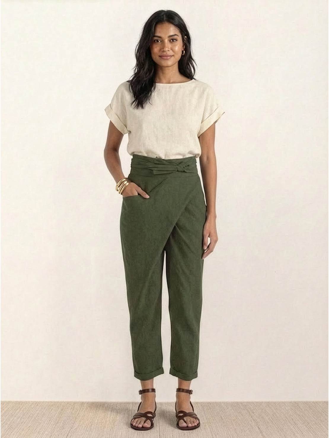 High Waist Wrap Front Tie Tapered Denim Look Pants 11
