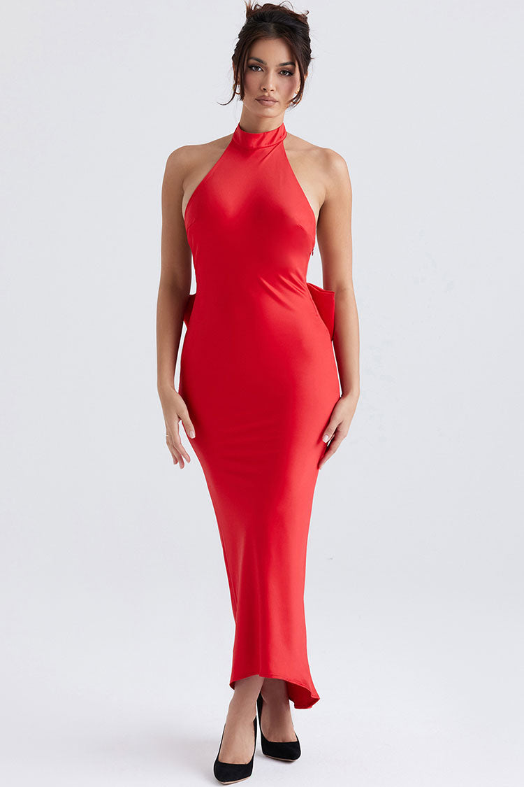 Satin Halter Neck Backless Bow Back Maxi Dress - View 2