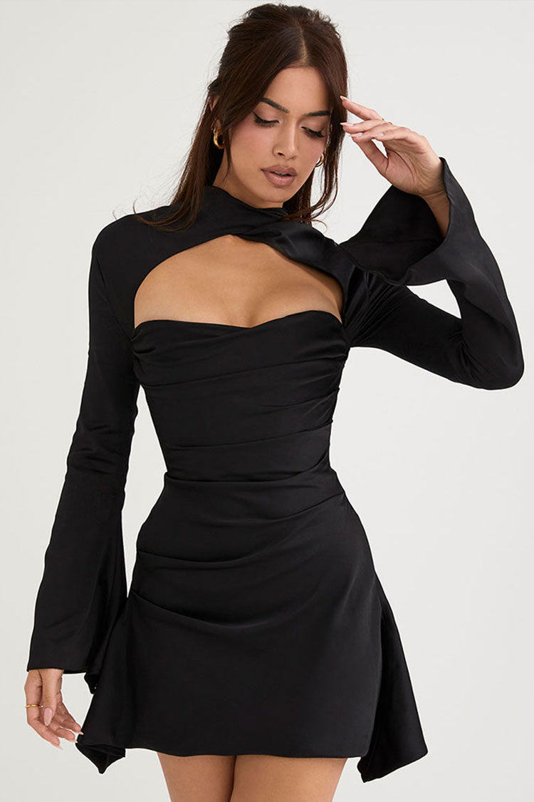 Satin Long Sleeve Cut Out Maxi Dress Party in Black