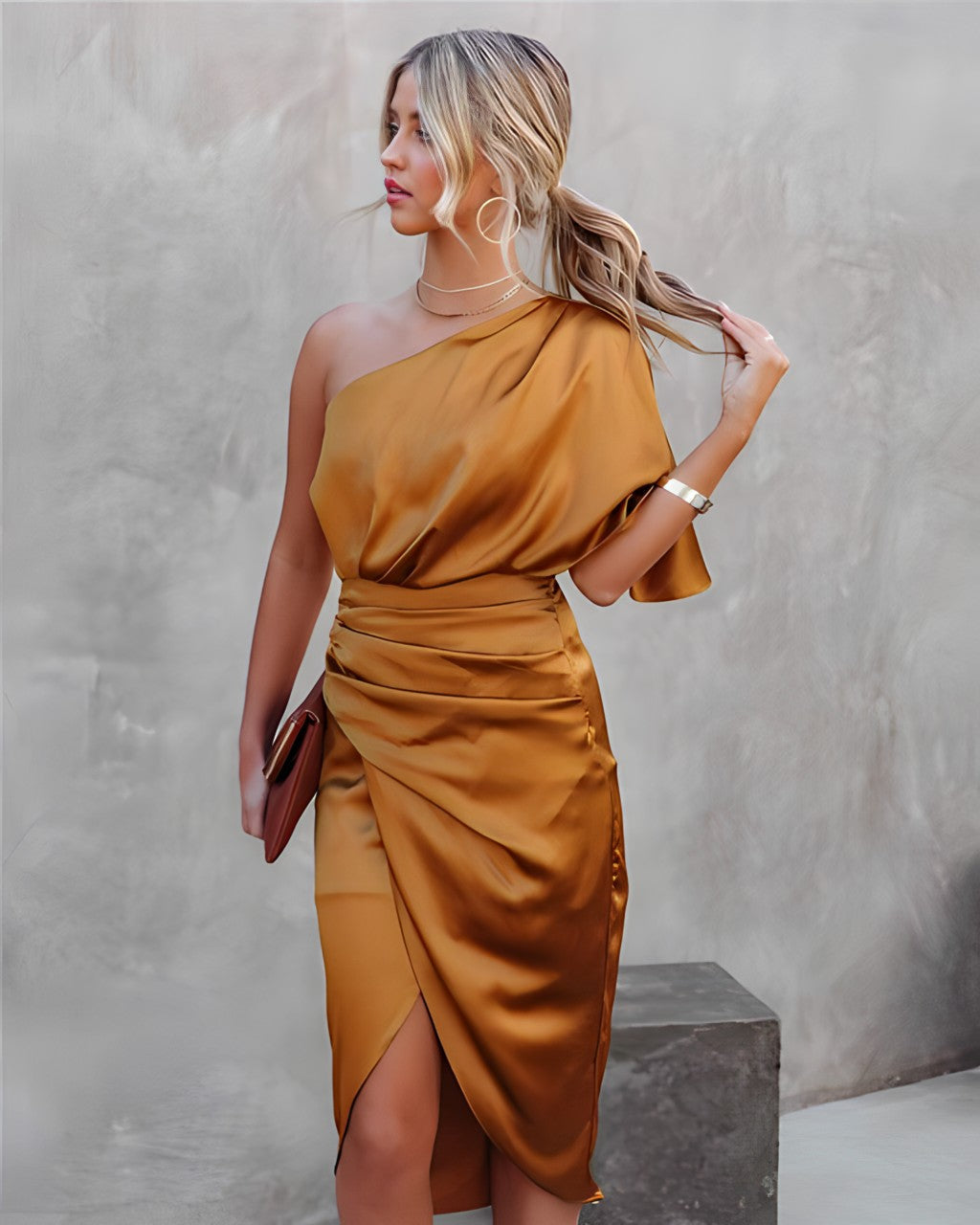 One Shoulder Draped Cape Sleeve Ruched Wrap Tulip Hem Satin Midi Dress - View 19