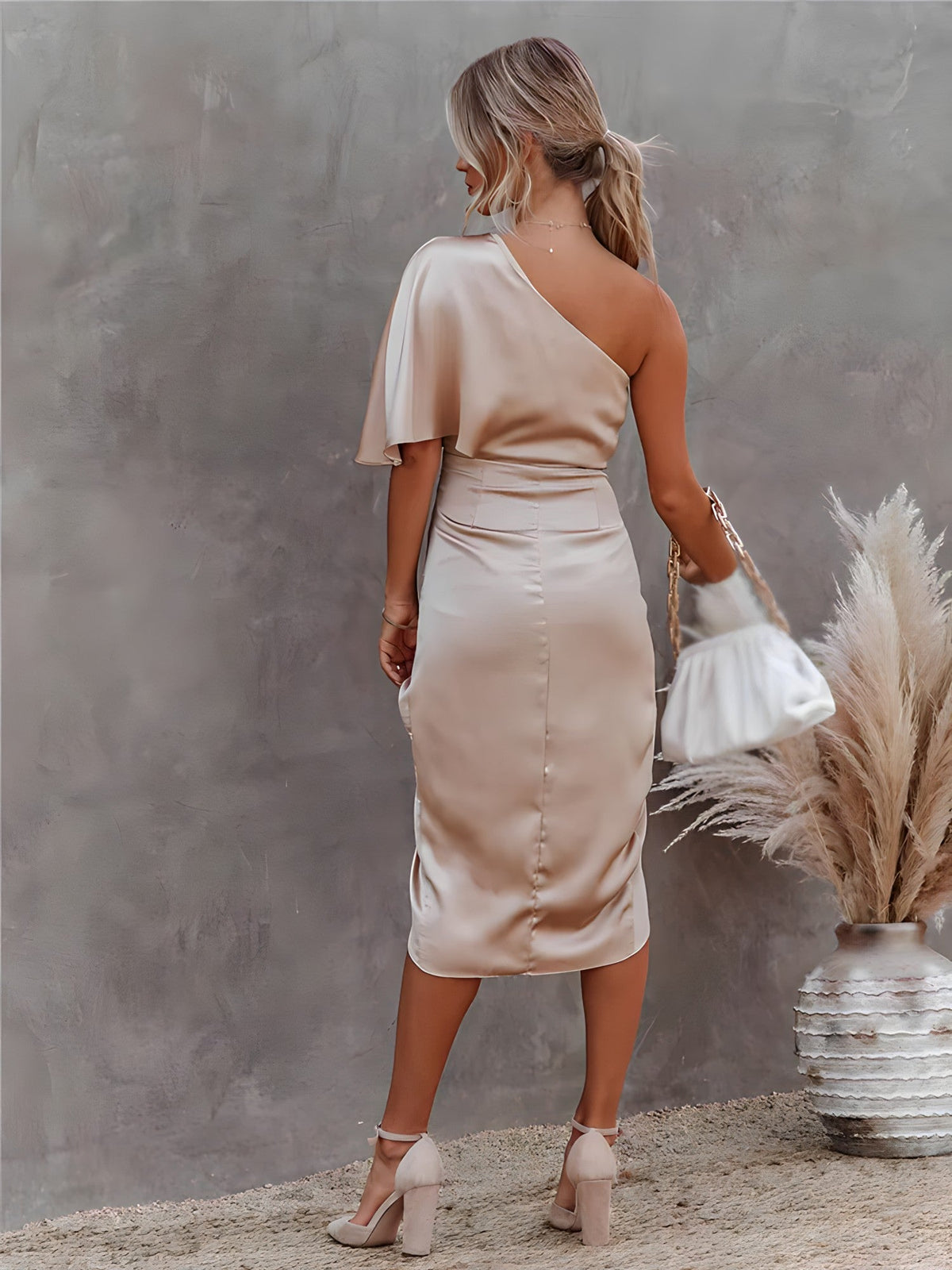 One Shoulder Draped Cape Sleeve Ruched Wrap Tulip Hem Satin Midi Dress - View 9