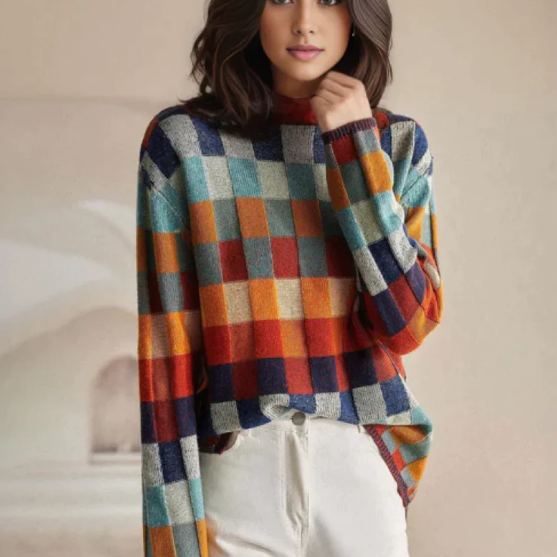 Mock Neck Patchwork Check Knit Oversized Sweater