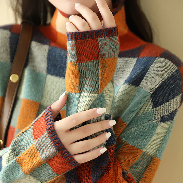 Mock Neck Patchwork Check Knit Oversized Sweater 6