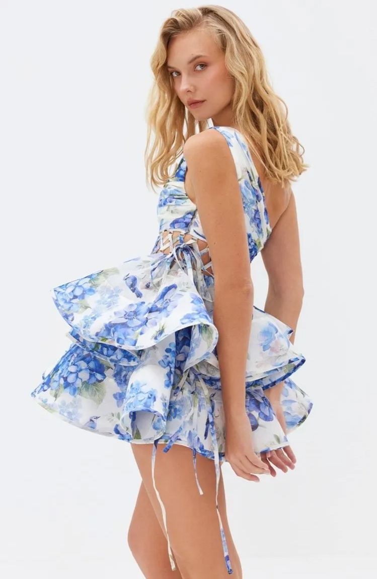 Floral Print One Shoulder Cut Out Lace Up Tiered Ruffle Mini Dress - View 3