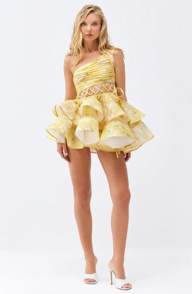 Floral Print One Shoulder Cut Out Lace Up Tiered Ruffle Mini Dress - View 8