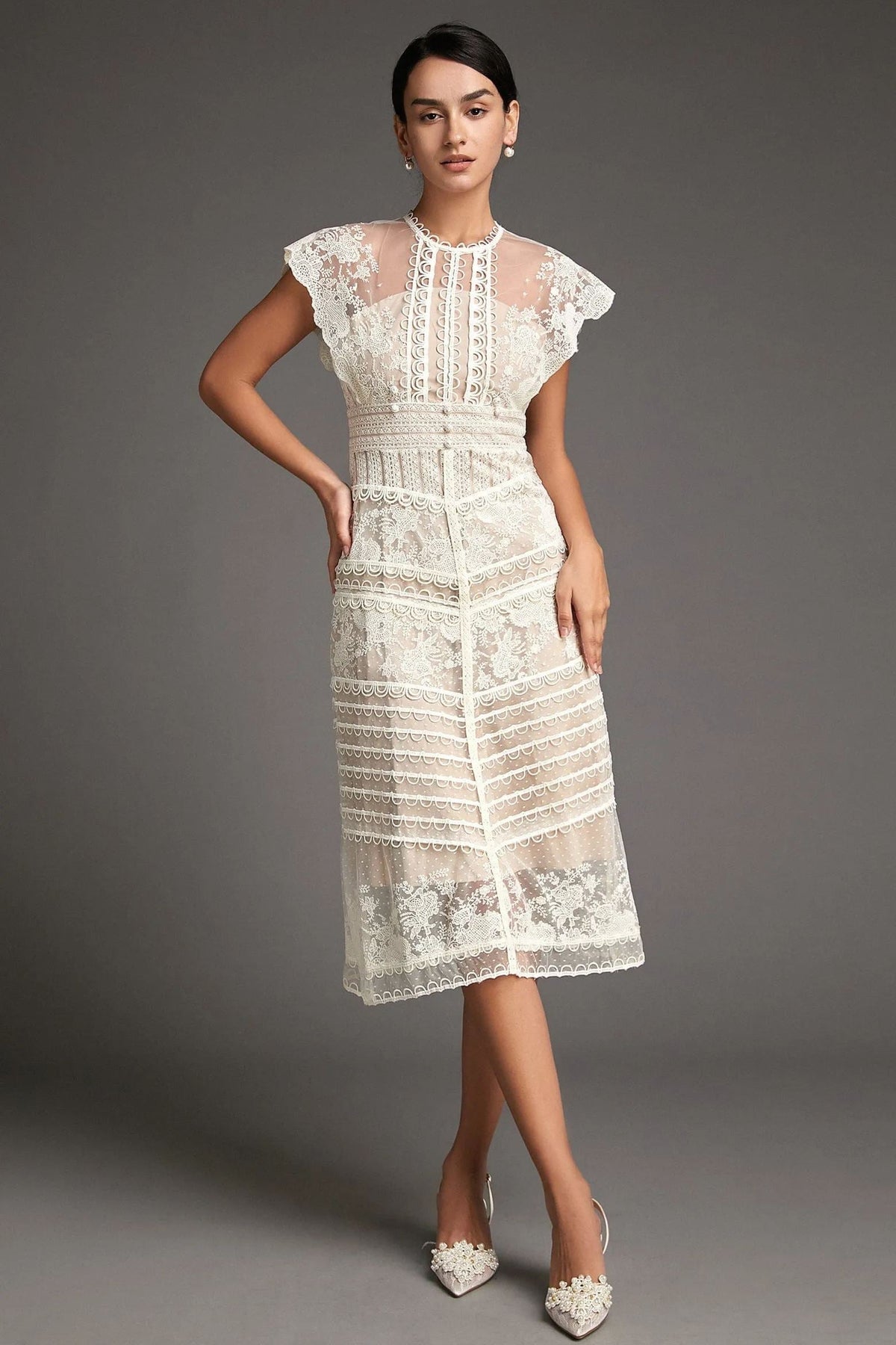 Floral Embroidered Mesh Cap Sleeve Midi Dress in Beige