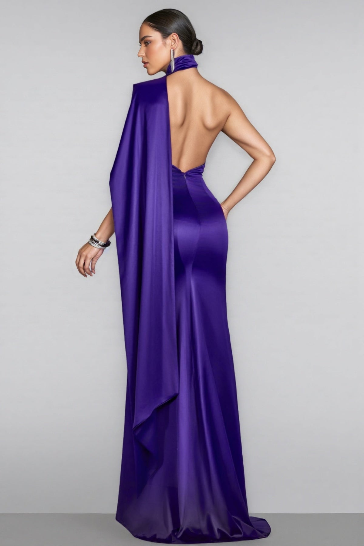 Satin One Shoulder Rosette Applique Draped Maxi Gown - View 3