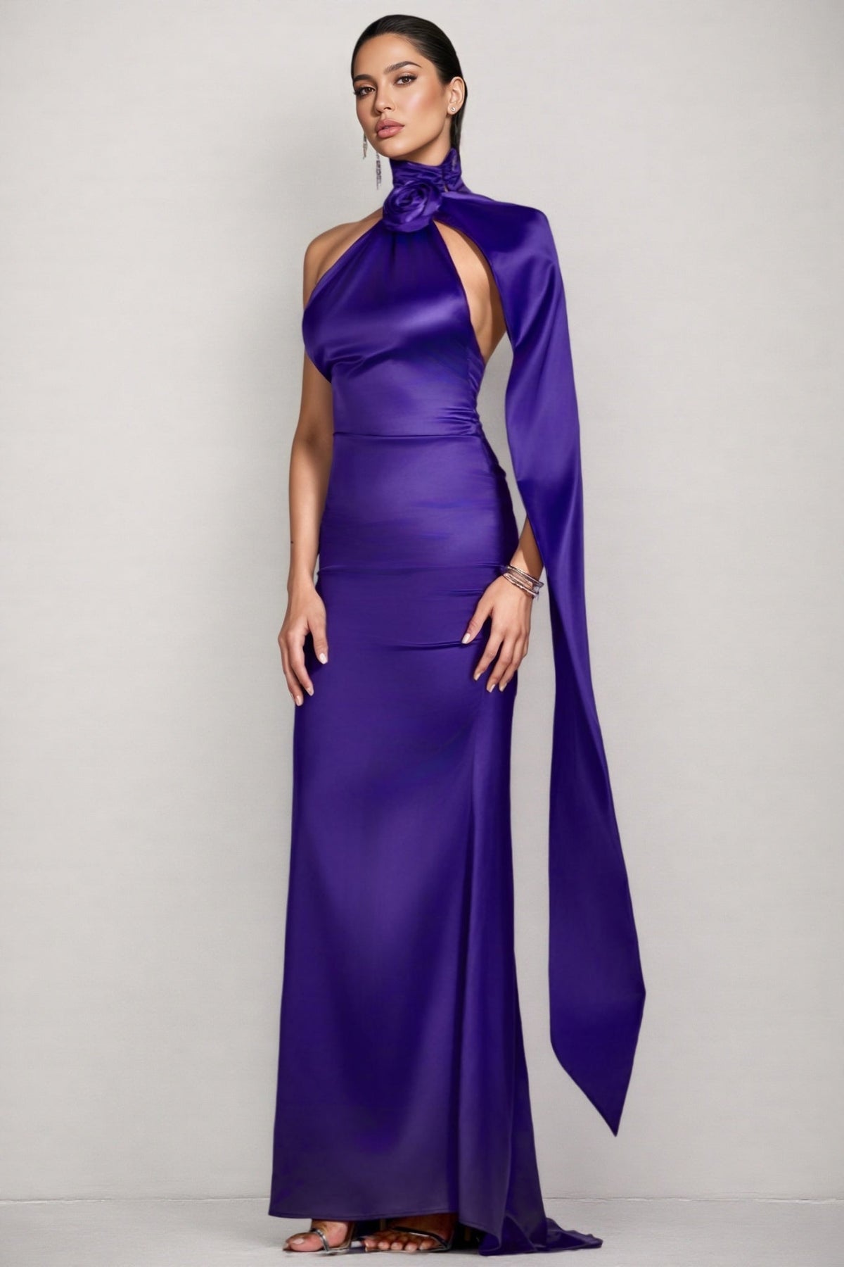 Satin One Shoulder Rosette Applique Draped Maxi Gown - View 2