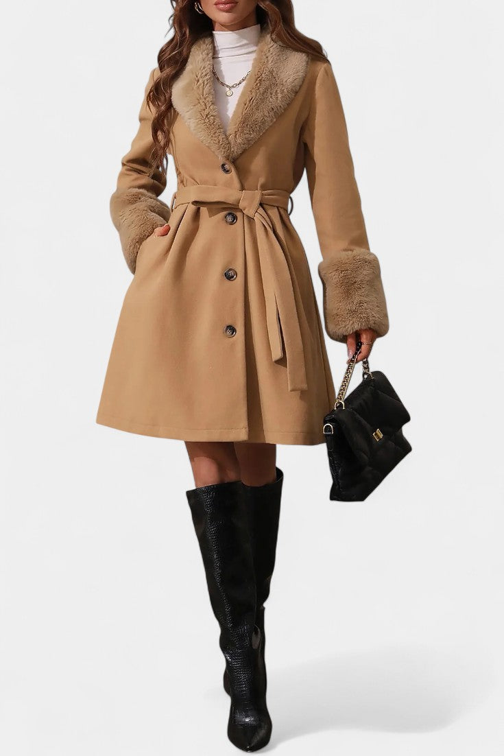 Faux Fur Collar Belted Wool Look Coat 6
