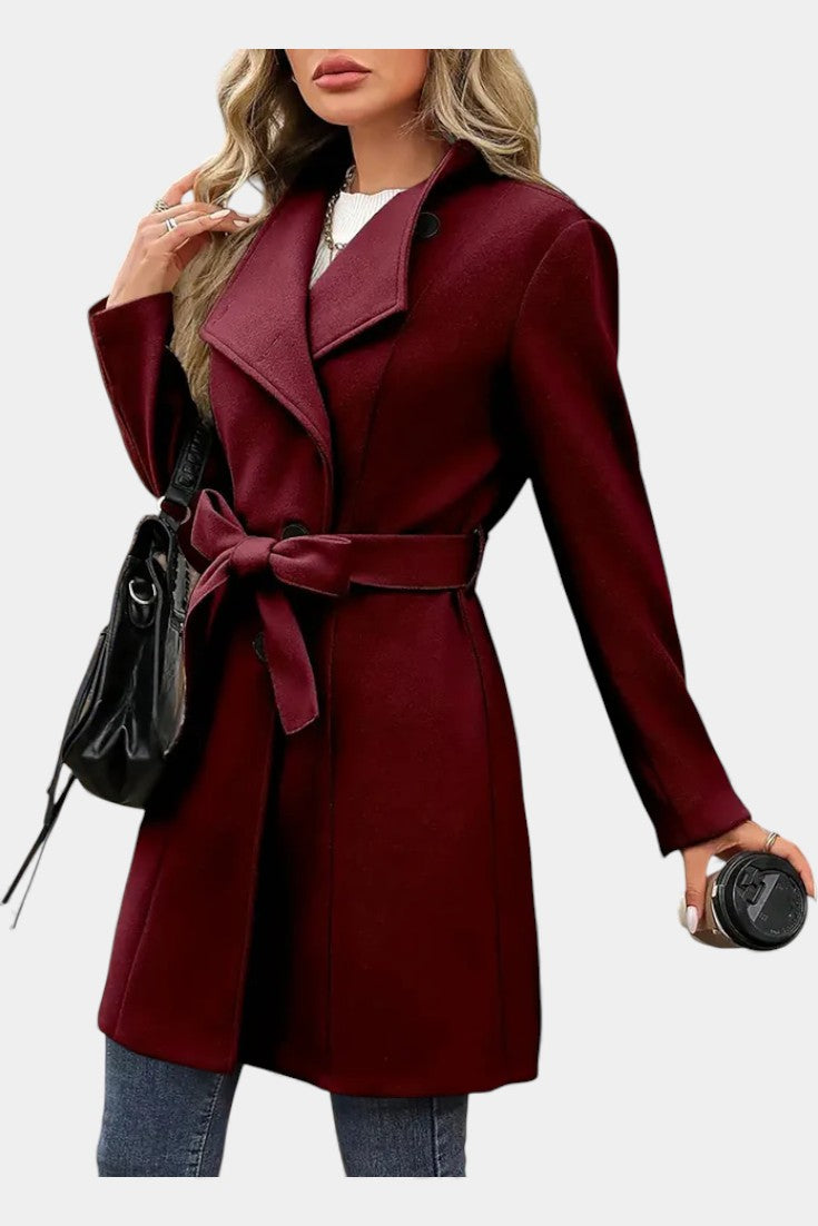 Stand Collar Asymmetric Button Belted Coat 8