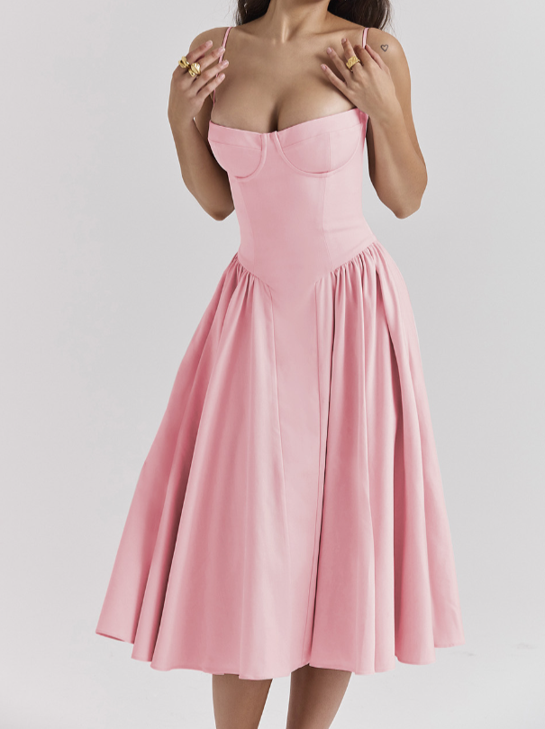Spaghetti Strap Sweetheart Corset Fit and Flare Midi Dress - View 19