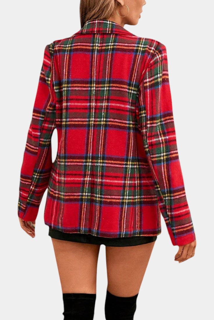 Plaid Notched Lapel Single Button Long Sleeve Blazer 4