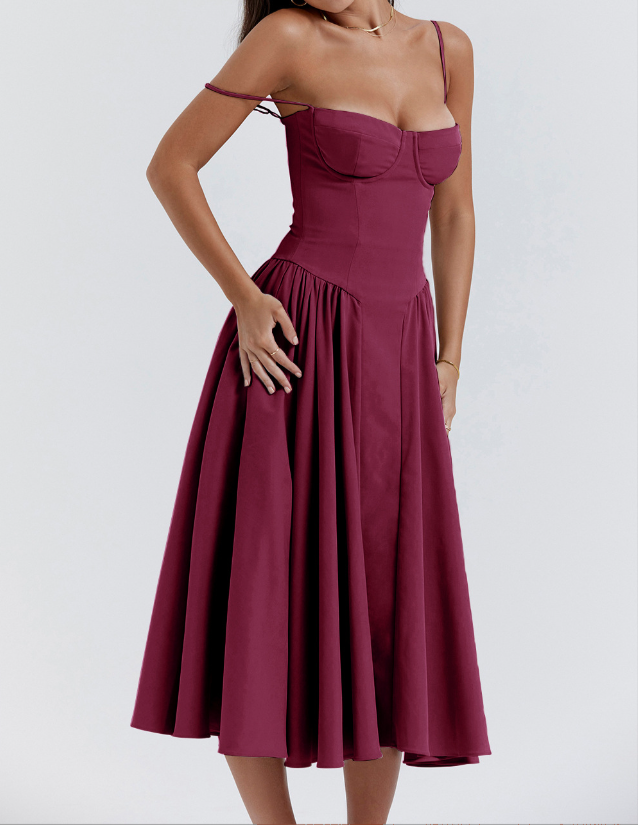 Spaghetti Strap Sweetheart Corset Fit and Flare Midi Dress 27