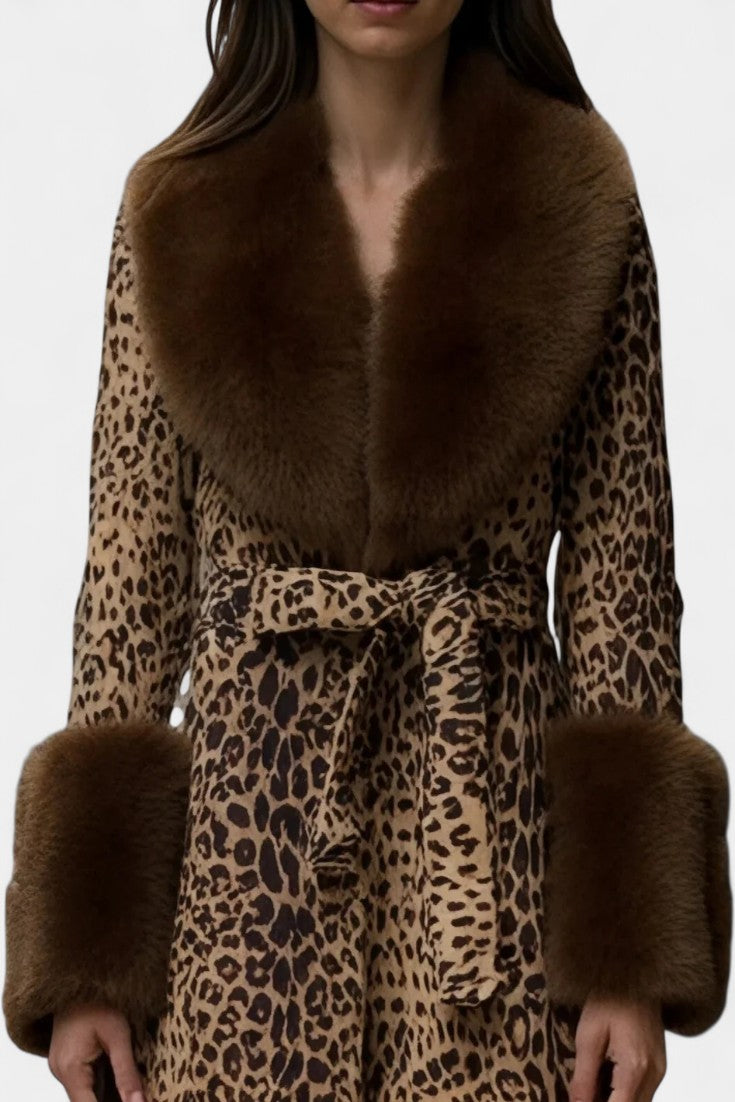 Leopard Print Faux Fur Collar Belted Coat 2