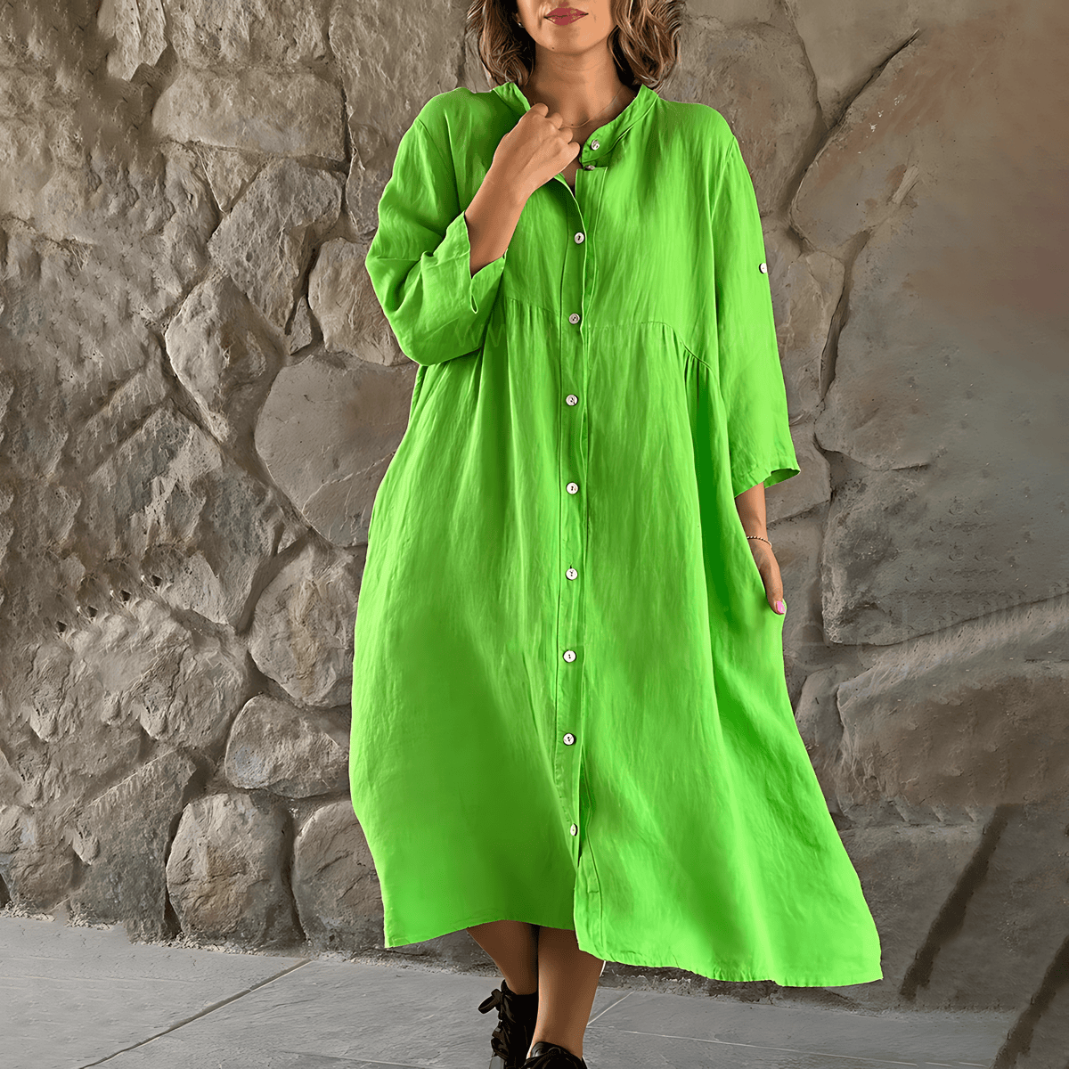 Button Down Roll Tab Sleeve Empire Waist Linen Look Summer Midi Dress - View 5